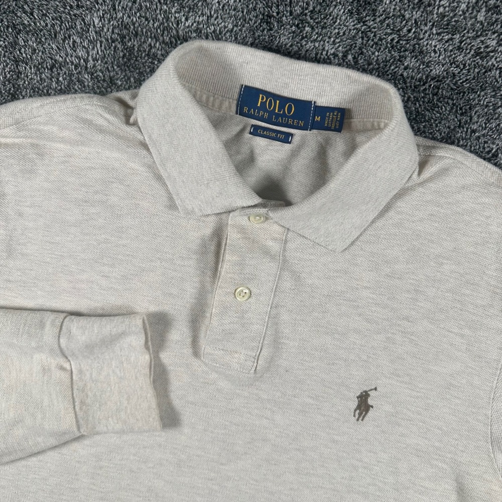 Ralph Lauren Polo Shirt Mens M Classic Fit Oatmeal Long Sleeve Logo Pique Preppy